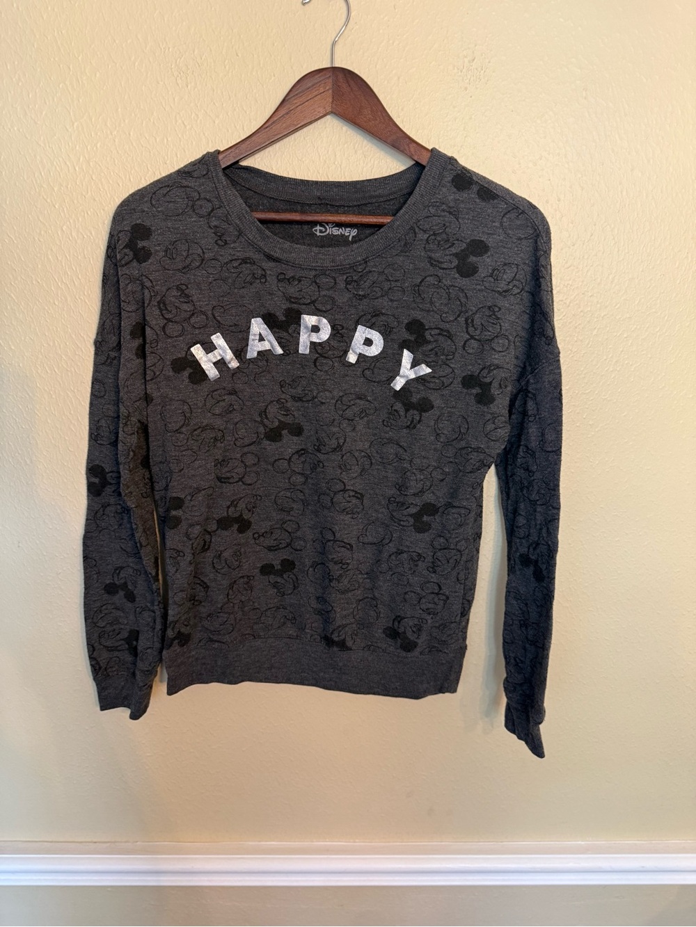 Disney Gray 'HAPPY' Crewneck Sweater with Mickey Pattern